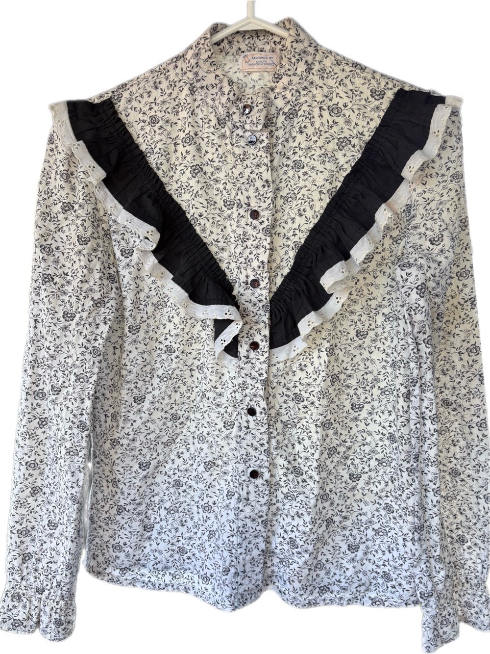 Vintage Floral Ruffle V-Blouse and skirt in Black and Cream (2 piece set)